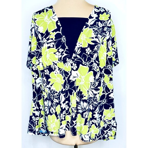 Susan Graver 3X Floral Knit Short-Sleeve Top Navy Green White Floral - Picture 1 of 9